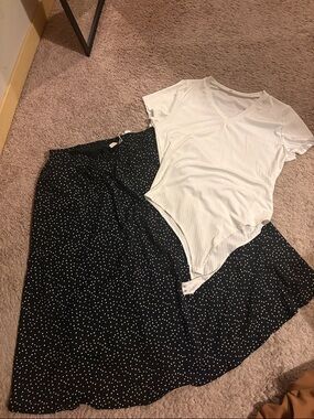 Black Polka Dot Midi Skirt - Lightweight Flowy Design